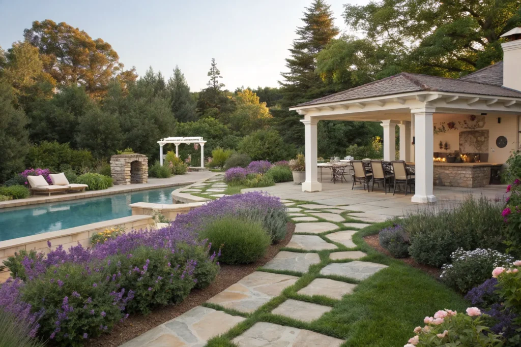 Elegant outdoor retreat with pool, lavender and rose garden, stone pathways, and a chic backyard kitchen.