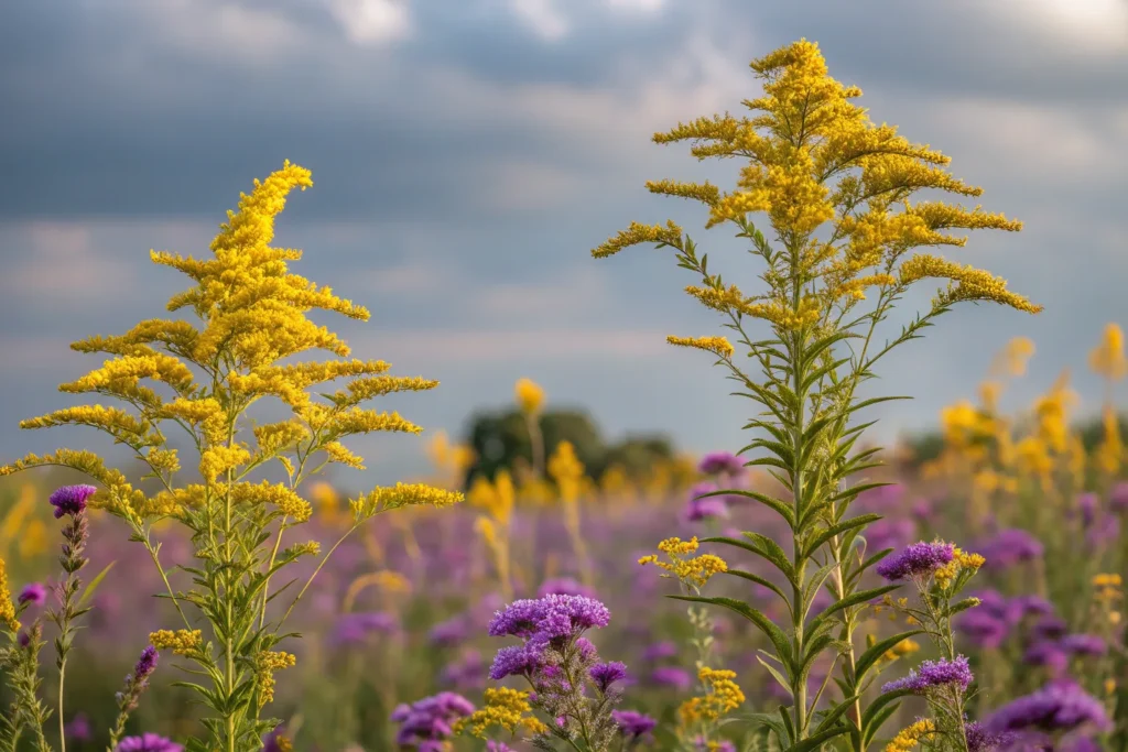 26 Beautiful September Flowers for a Colorful Fall Garden 5 Goldenrod with tall yellow blooms glowing in a September garden.