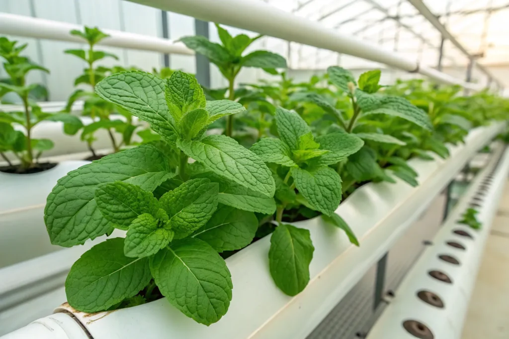 Fresh hydroponic mint plants growing indoors with vibrant green leaves in a water-based system