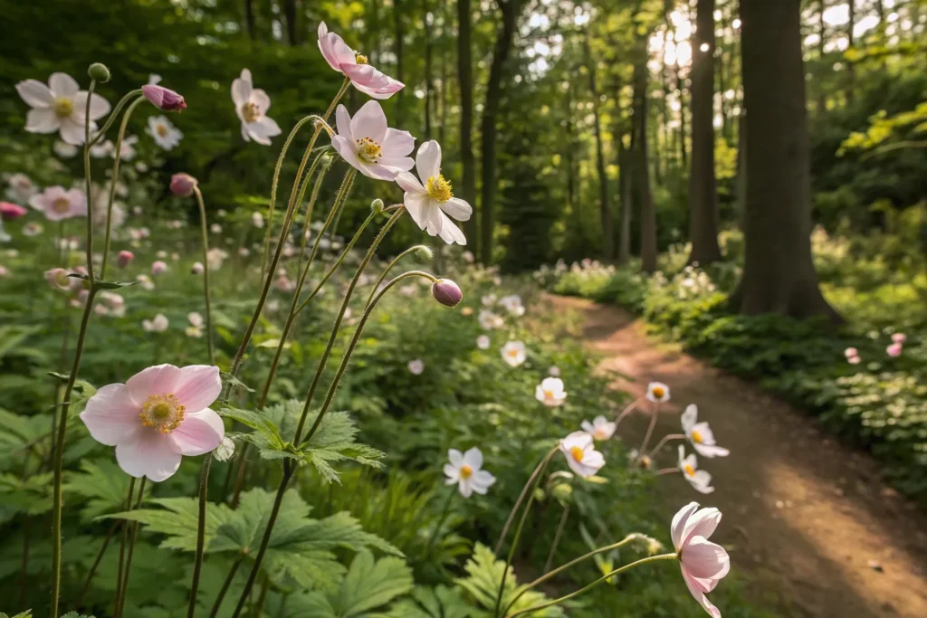 26 Beautiful September Flowers for a Colorful Fall Garden 6 Japanese anemone flowers in pink and white blooming on tall stems in September.