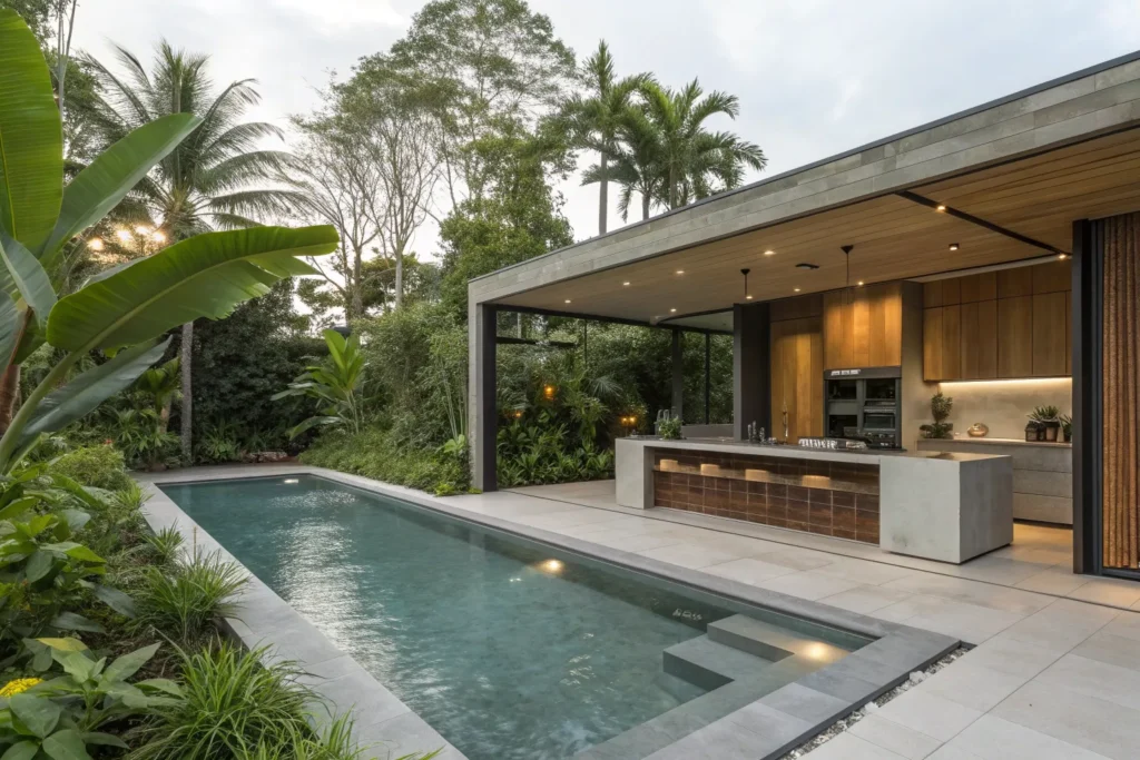 Modern tranquil backyard pool with tropical greenery, wood accents, and a stylish outdoor kitchen.