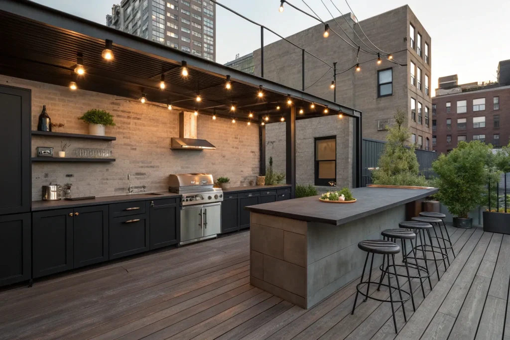 Industrial outdoor deck kitchen with concrete counters, steel cabinets, and Edison lights.