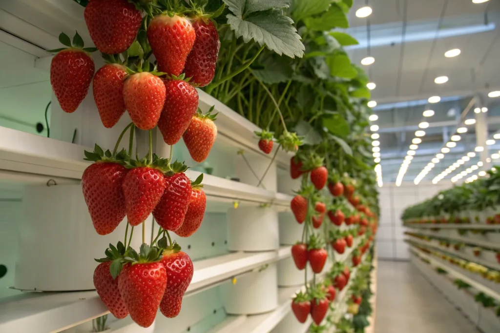 Ripe hydroponic strawberries growing indoors in a vertical hydroponic garden with white flowers