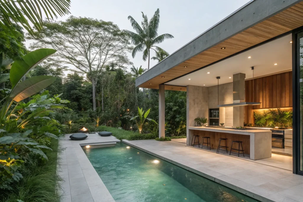 Elegant backyard oasis with pool, shaped hedges, blooming roses, and a stylish outdoor kitchen setup.