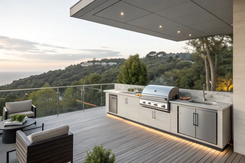 Floating minimalist deck kitchen with glass railing, built-in grill, and clean design.