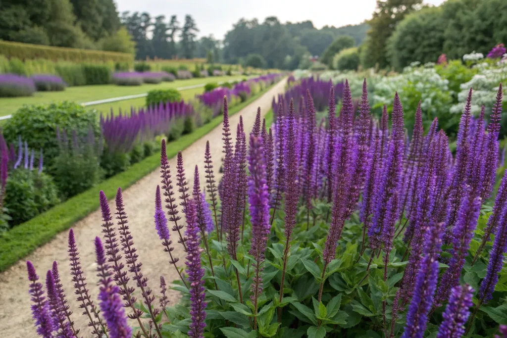 23 Gorgeous Fall Blooming Flowers to Keep Your Garden Colorful 7 Purple salvia adding vertical color to fall blooming flowers