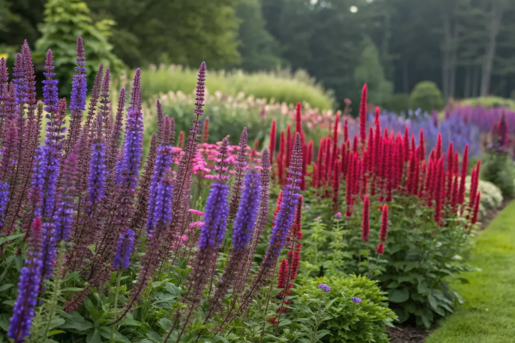 26 Beautiful September Flowers for a Colorful Fall Garden 7 Tall spikes of purple, blue, and red salvia flowers attracting hummingbirds.