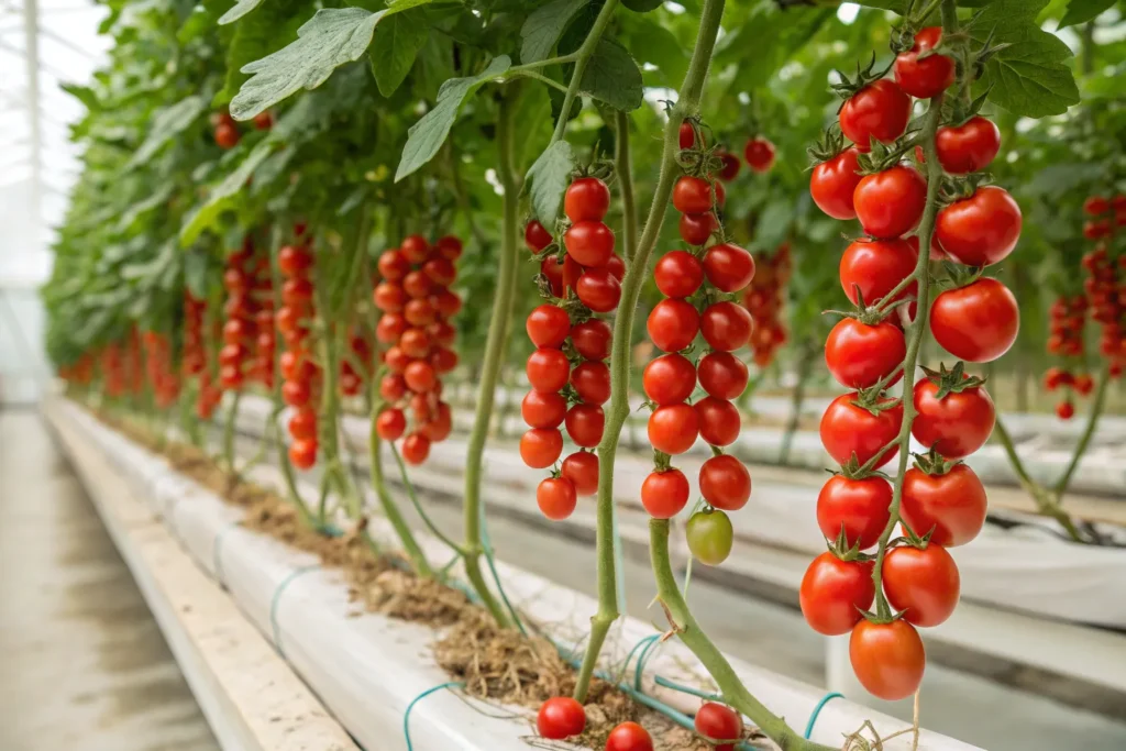 Indoor hydroponic tomato plants producing ripe cherry tomatoes in a supported growing system
