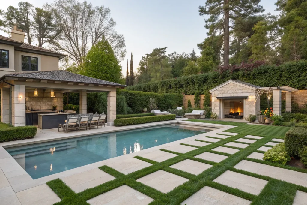 Elegant garden with pool oasis, manicured greenery, outdoor kitchen, and modern seating area.