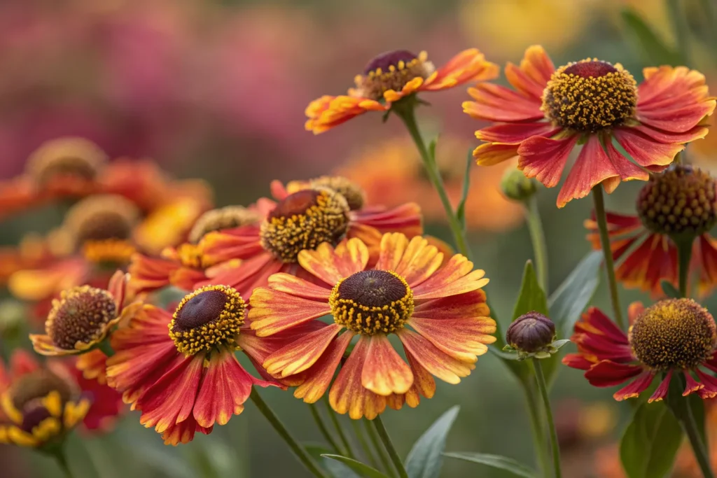 26 Beautiful September Flowers for a Colorful Fall Garden 8 Tall spikes of purple, blue, and red salvia flowers attracting hummingbirds.