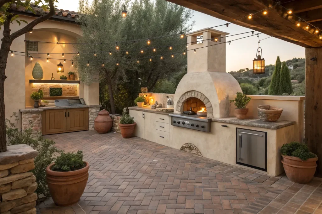 Mediterranean outdoor deck kitchen with brick flooring, clay oven, and wrought iron details.