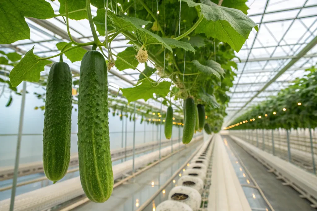 Hydroponic cucumber vines climbing a trellis indoors with crisp green cucumbers ready to harvest