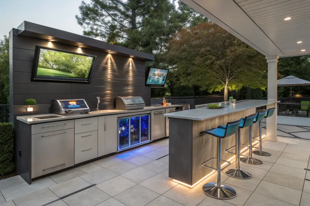 Smart outdoor kitchen with touch-controlled appliances and sleek modern finishes.