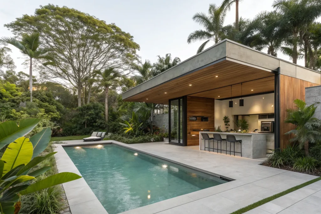 Tropical oasis backyard with lagoon pool, banana leaves, palms, wooden furniture, and outdoor kitchen.