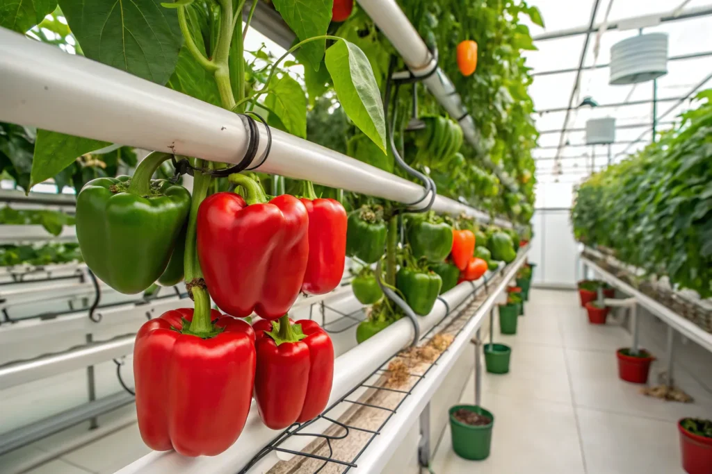 Colorful hydroponic bell peppers growing indoors under full-spectrum LED grow lights