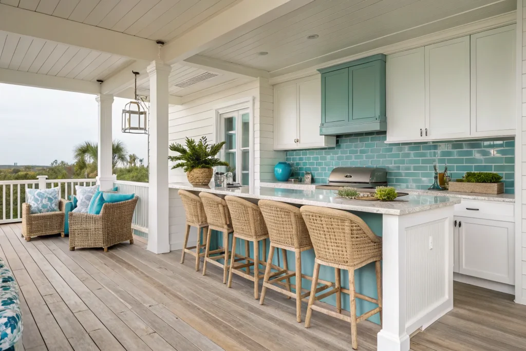 Coastal deck kitchen with turquoise backsplash, white-washed cabinets, and rattan seating.