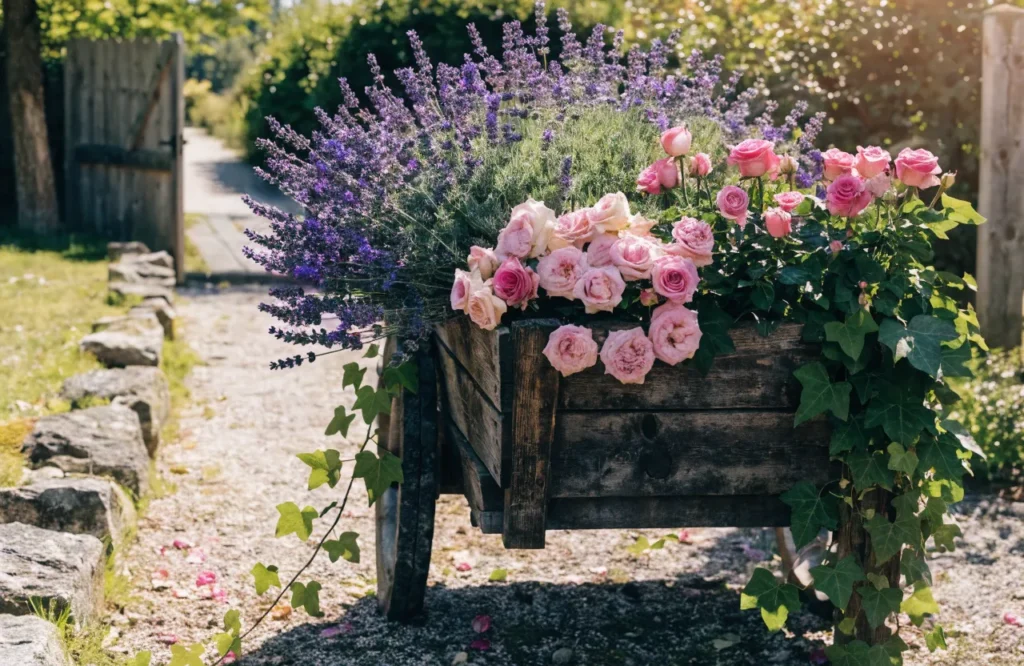 20 Beautiful Wheelbarrow Planter Ideas to Transform Your Garden 21 Wooden garden cart planted with lavender and roses in a farmhouse garden