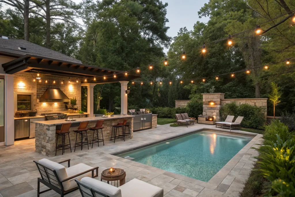 Luxury backyard kitchen and swimming pool with modern outdoor dining area, natural stone finishes, lush landscaping, and comfortable lounge seating