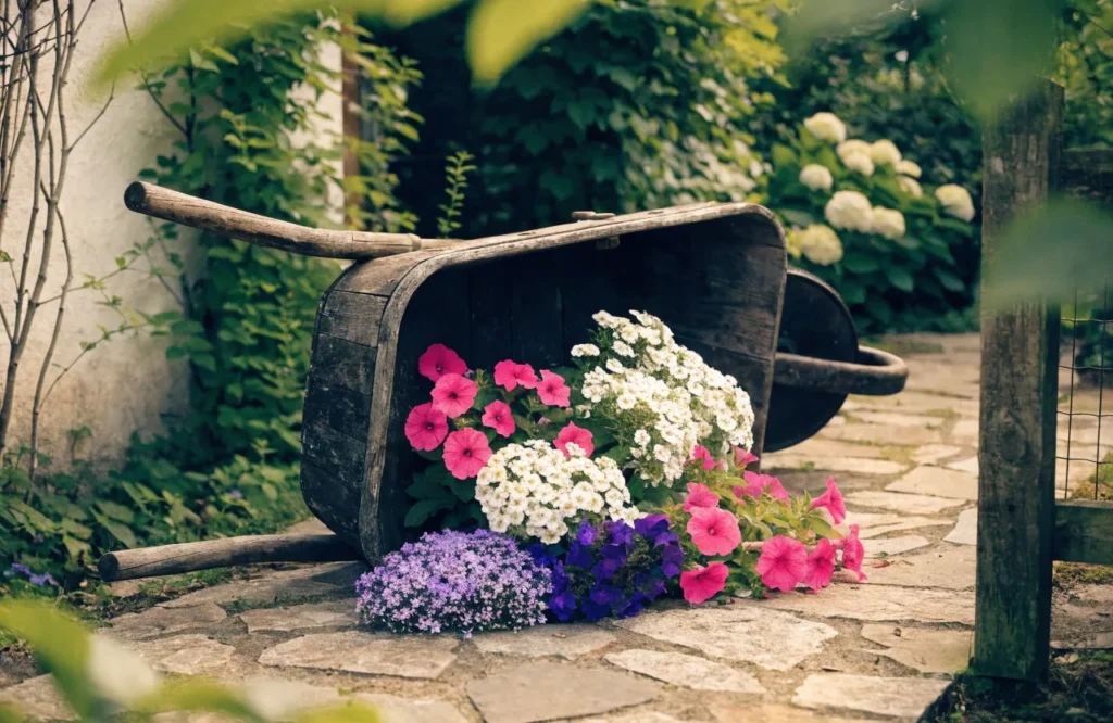 20 Beautiful Wheelbarrow Planter Ideas to Transform Your Garden 19 Tipped wheelbarrow overflowing with colorful cascading flowers in a cottage garden