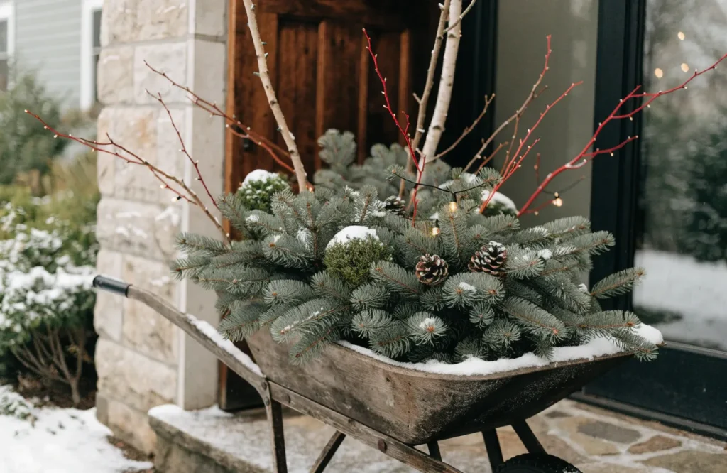 20 Beautiful Wheelbarrow Planter Ideas to Transform Your Garden 15 Wheelbarrow planter filled with evergreen branches, red-twig dogwood, and pinecones for winter garden display