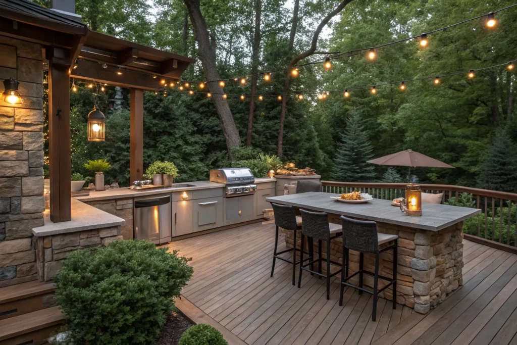 Modern outdoor kitchen on a wooden deck with built-in grill, stone countertops, bar seating, pergola, and cozy backyard entertaining area