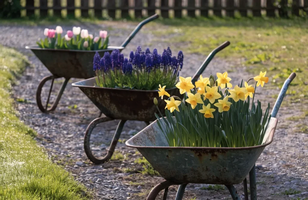 20 Beautiful Wheelbarrow Planter Ideas to Transform Your Garden 14 Three staggered wheelbarrow planters with daffodils, tulips, and grape hyacinths along a garden path