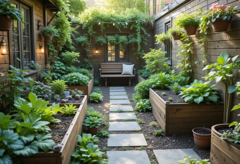 17 Stunning Courtyard Vegetable Garden Ideas for Small Spaces 7 Small courtyard vegetable garden with raised beds, potted herbs, leafy greens, cozy seating, and a modern rustic design in soft sunlight.