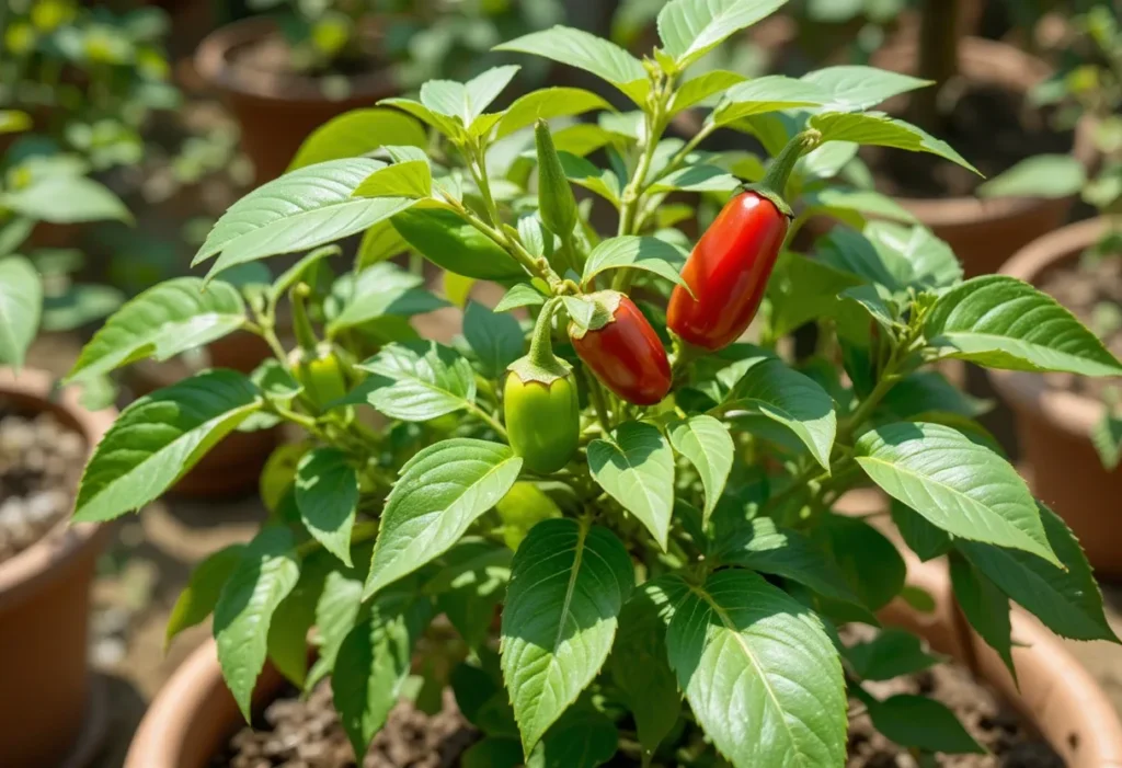 chili papper plant with green and red chillies growing in container.