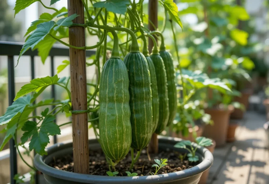 cocumber plant climbing a trellies in a pot with fres cocumbers.