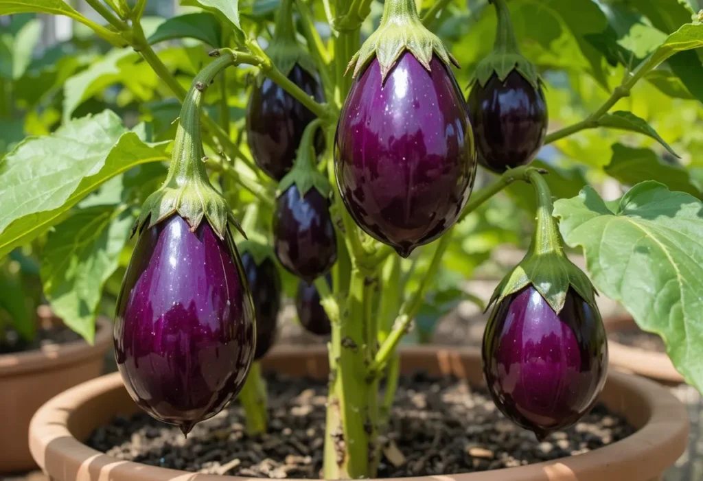 Eggplant growing in a container with purple brinjals ready to harvest.