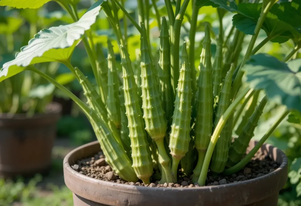 Okra plant with green pods growing in a pot during summer.