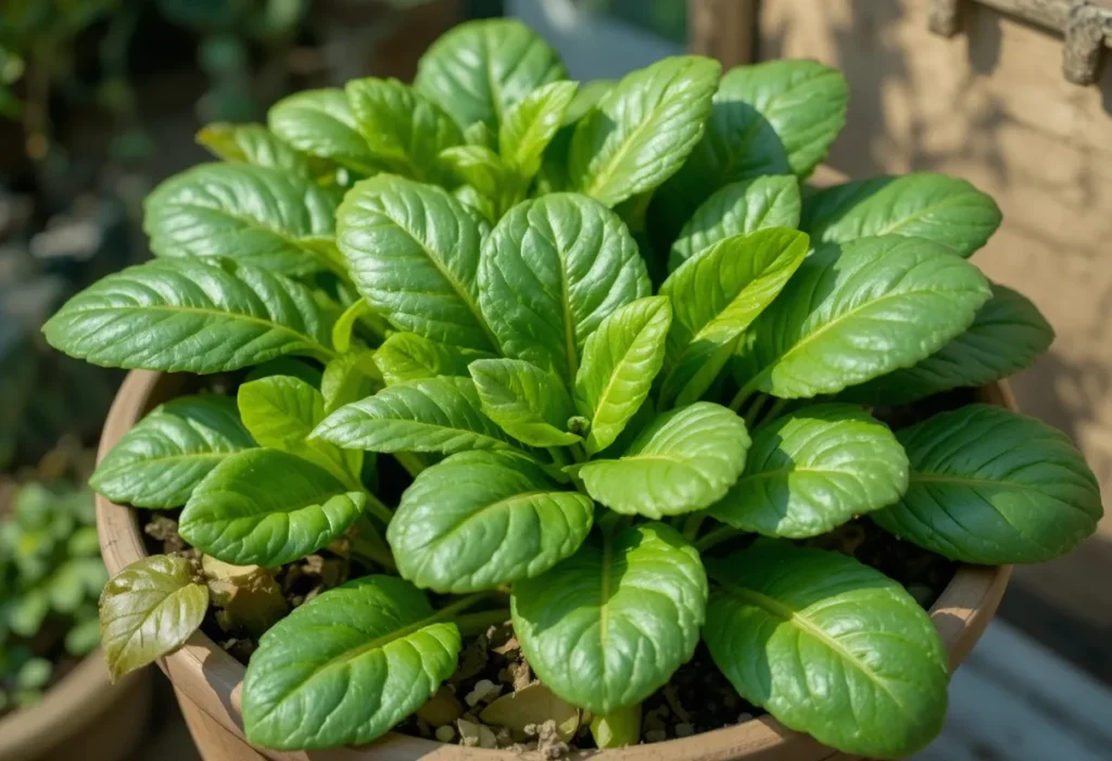 Leafy green spinach growing in a small container in summer.