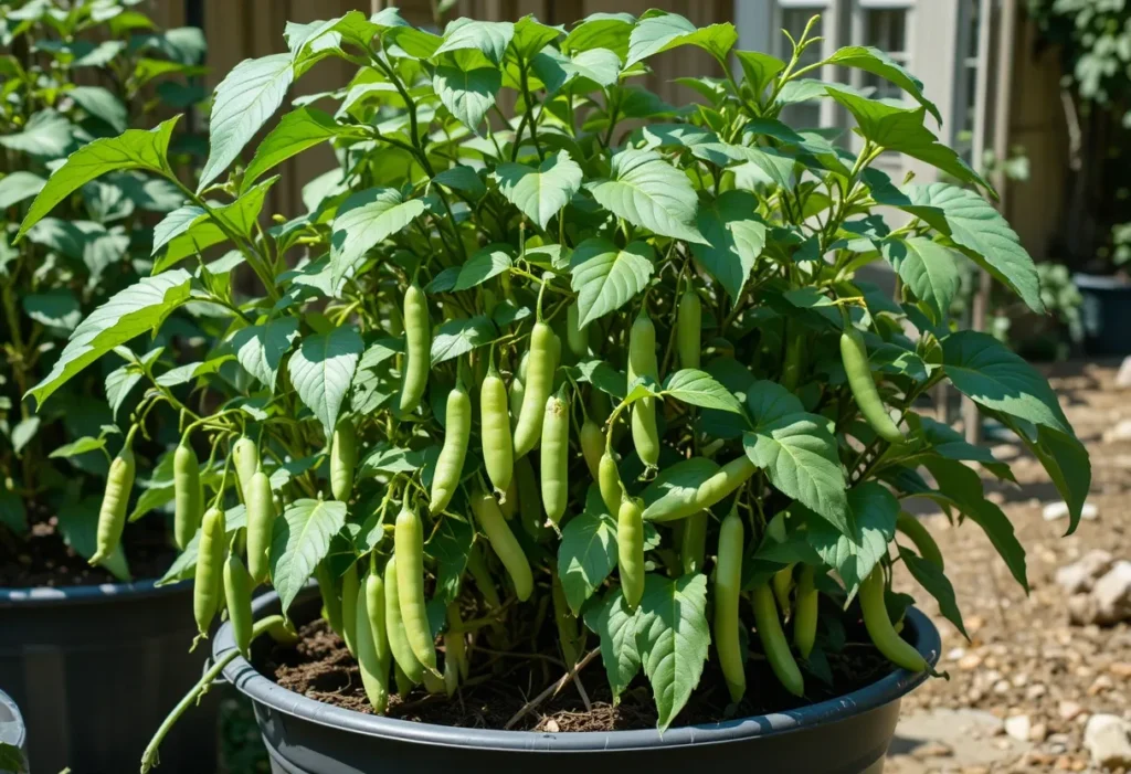Bush bean plant growing in a pot with fresh green beans.