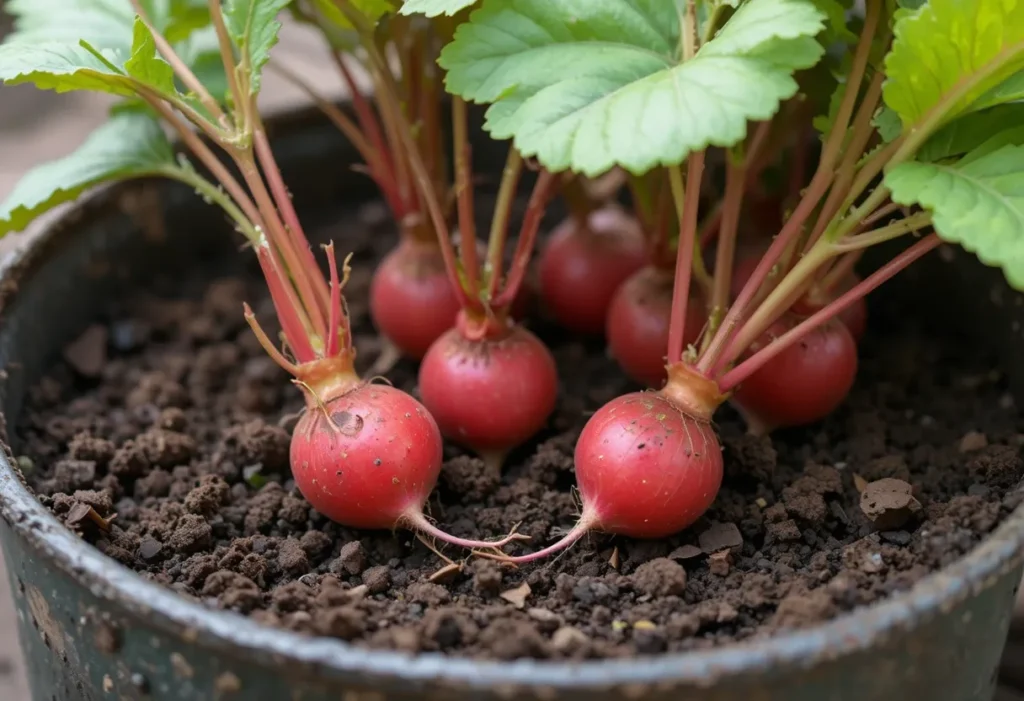 Radishes growing in a small pot with red roots visible in soil.