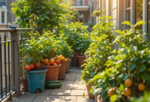 Summer container garden with vegetables growing in pots on a sunny balcony