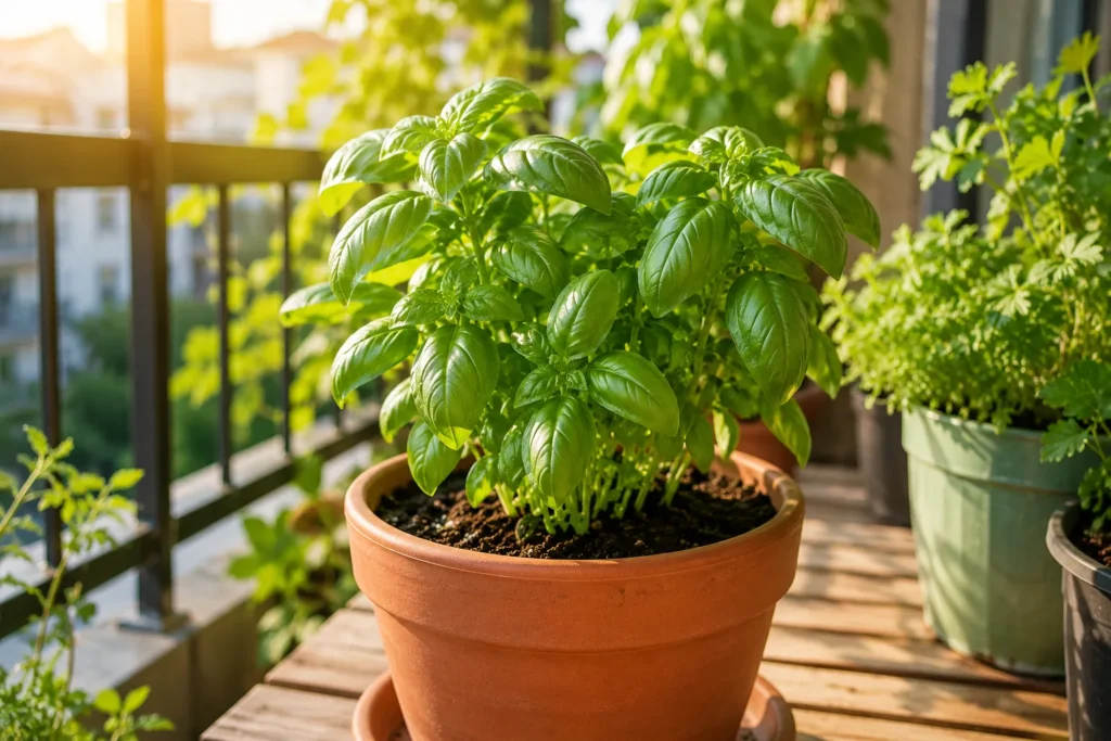 10 Best Summer Vegetables to Grow in Pots for a Healthy Home Harvest 10 Summer vegetables to grow in pots with a healthy basil plant thriving in a sunny container garden.