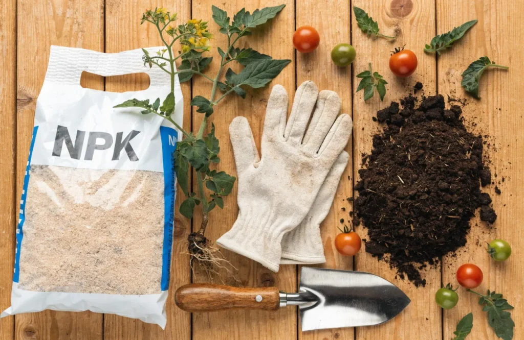 Tomato fertilizer and gardening supplies illustrating essential plant nutrients.