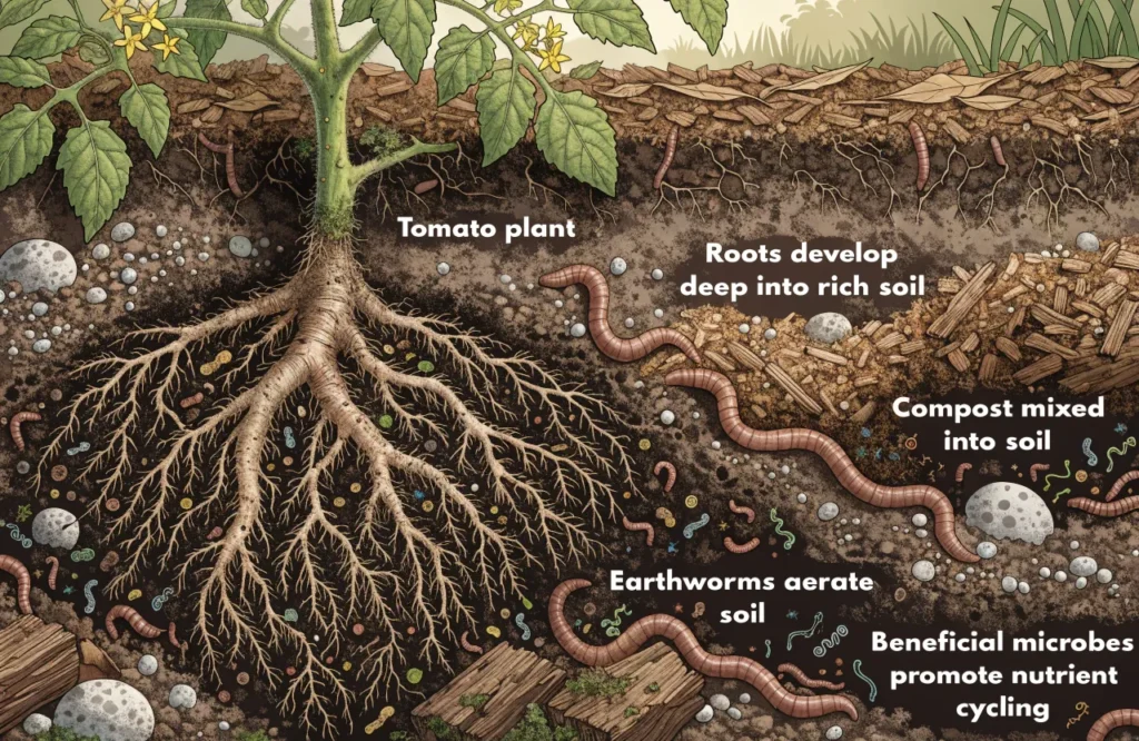 Healthy compost-rich soil supporting strong tomato root development before planting.