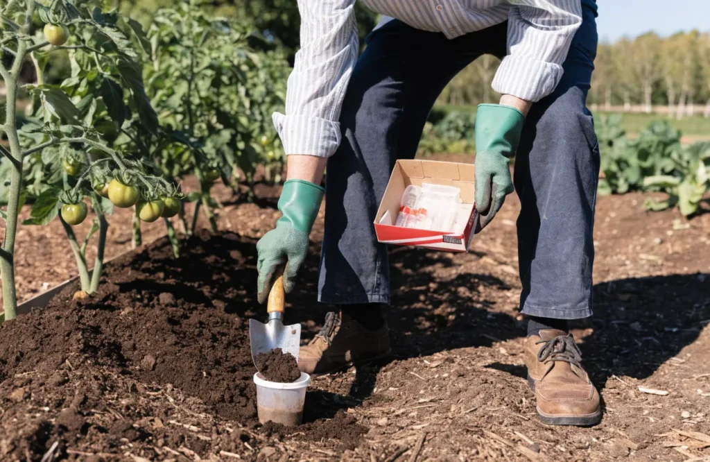 Testing garden soil before fertilizing tomato plants.