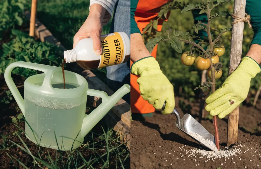 Liquid and granular fertilizer used to feed tomato plants.