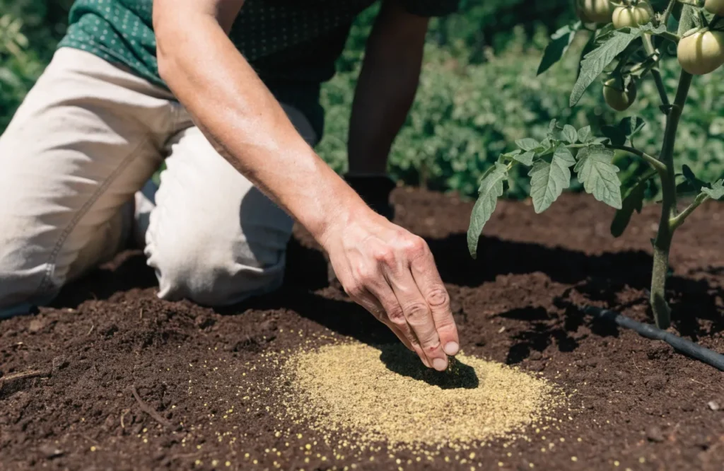 Proper placement of granular fertilizer around a tomato plant.