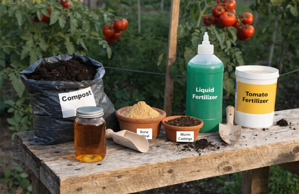 Organic and synthetic fertilizers commonly used to feed tomato plants.