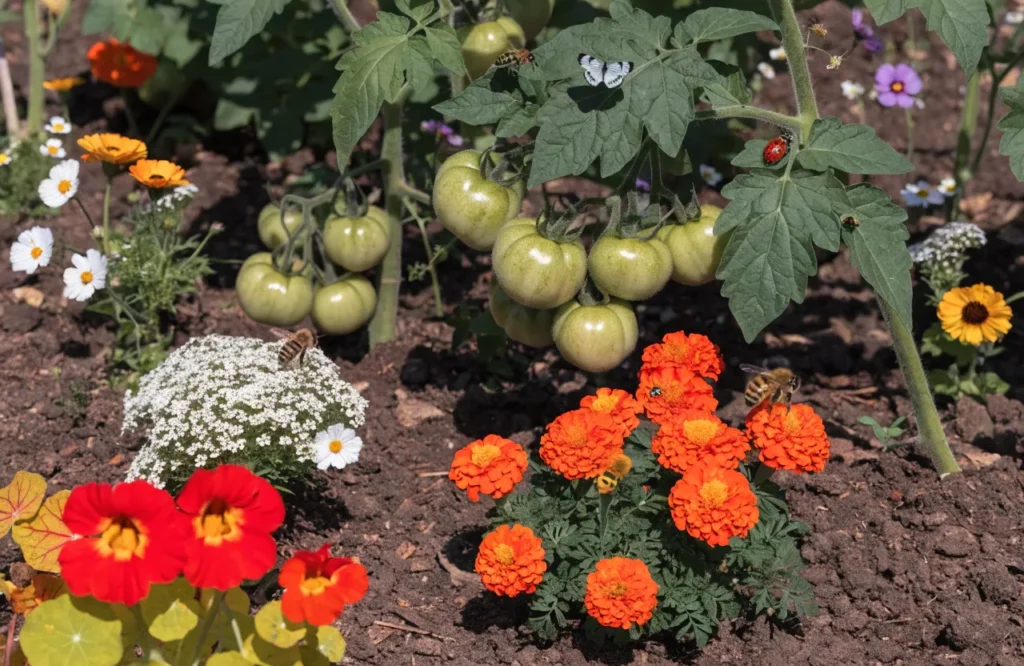 15 Best Tomato Companion Plants: What to Plant & What to Avoid for a Healthier Harvest 12 Best flowers to grow with tomatoes including French marigolds, nasturtiums, sweet alyssum, calendula, and cosmos attracting pollinators and beneficial insects in a vegetable garden.