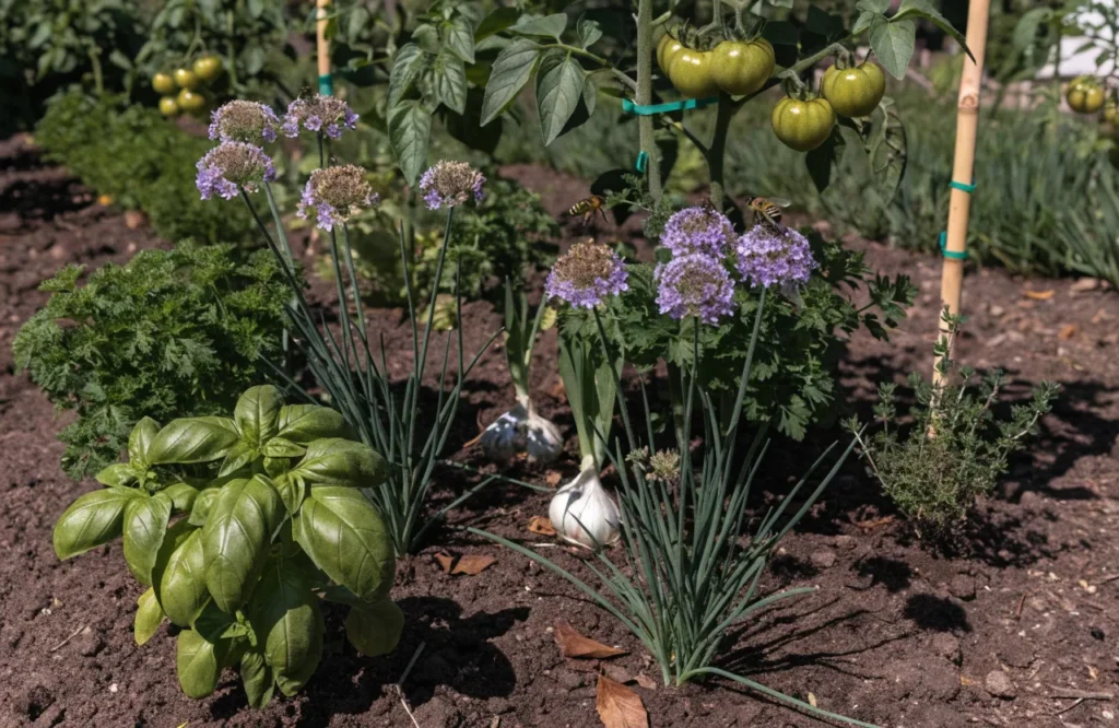 15 Best Tomato Companion Plants: What to Plant & What to Avoid for a Healthier Harvest 11 Best herbs to plant with tomatoes including basil, garlic, chives, parsley, thyme, and oregano growing alongside healthy tomato plants in a companion garden.