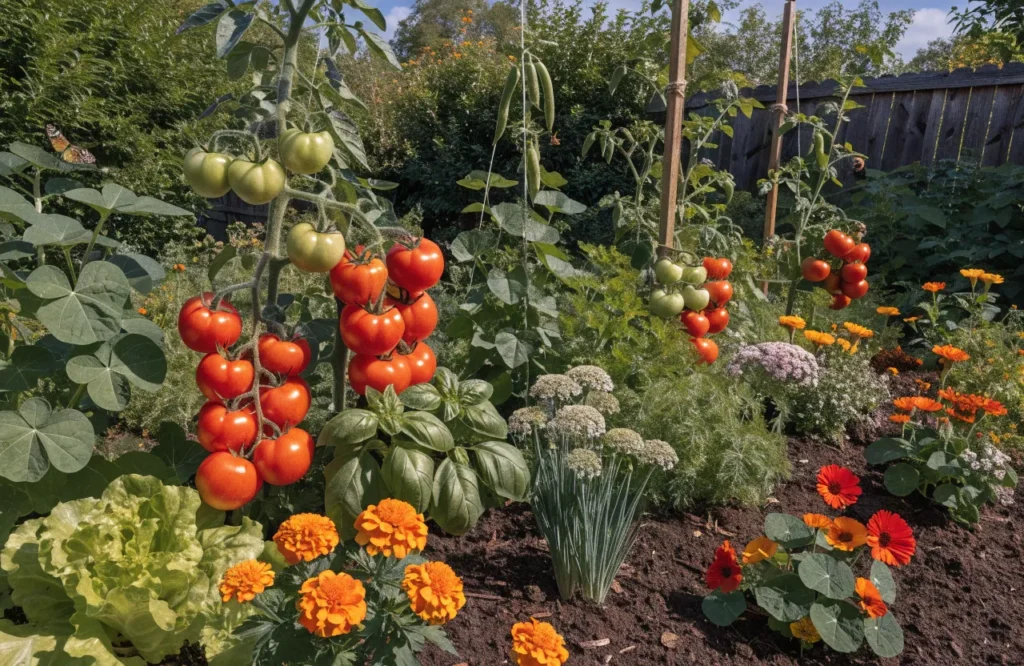 15 Best Tomato Companion Plants: What to Plant & What to Avoid for a Healthier Harvest 2 Best companion plants for tomatoes including basil, marigolds, chives, nasturtiums, parsley, lettuce, and flowers growing around healthy tomato plants in a vegetable garden.