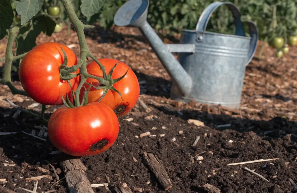 Tomato fruit with blossom-end rot  illustrating the common disorder caused by inconsistent watering can.
