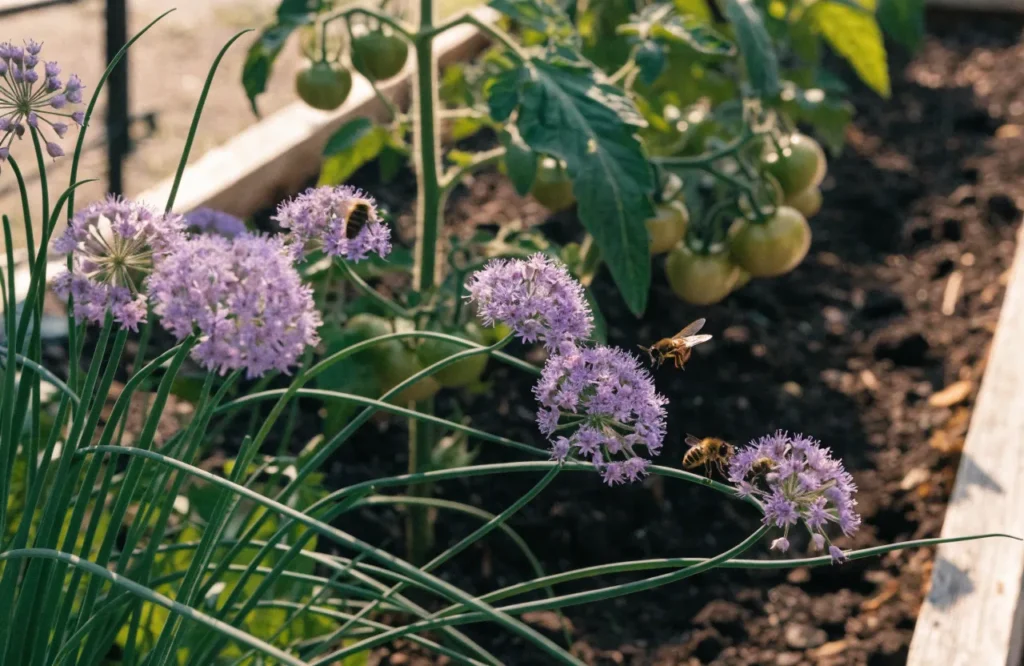 15 Best Tomato Companion Plants: What to Plant & What to Avoid for a Healthier Harvest 9 Chive plants with purple flowers growing near tomato plants and attracting beneficial insects like bees and hoverflies in a vegetable garden.
