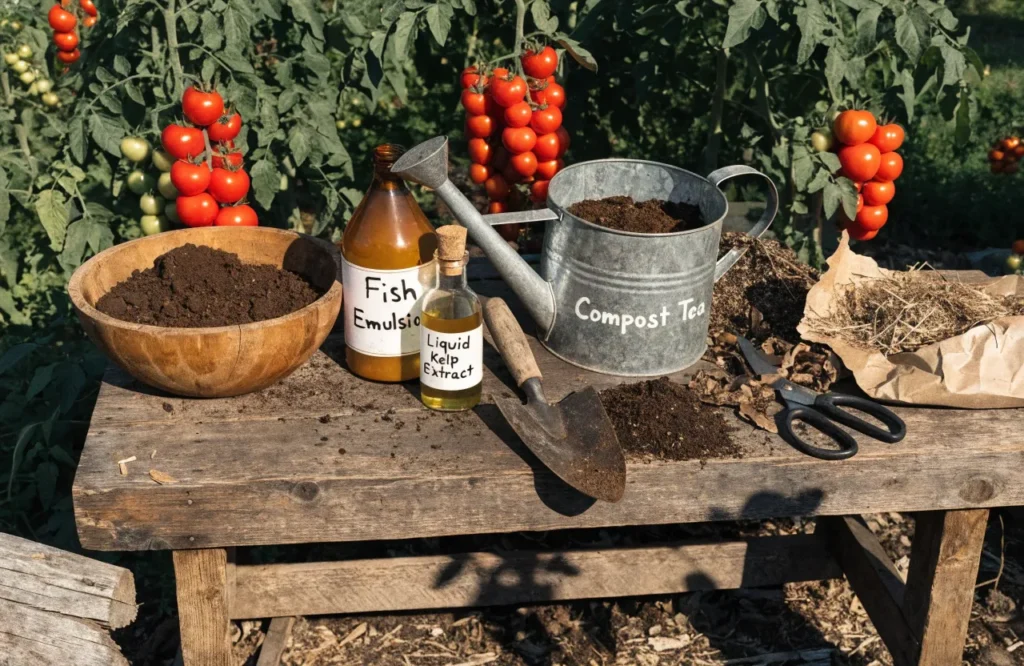 Homemade organic tomato fertilizers including compost, fish emulsion, kelp extract, worm castings, and compost tea beside healthy tomato plants.