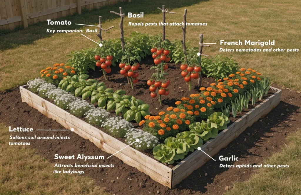 15 Best Tomato Companion Plants: What to Plant & What to Avoid for a Healthier Harvest 16 Tomato companion planting layout showing tomatoes with basil marigolds lettuce and garlic