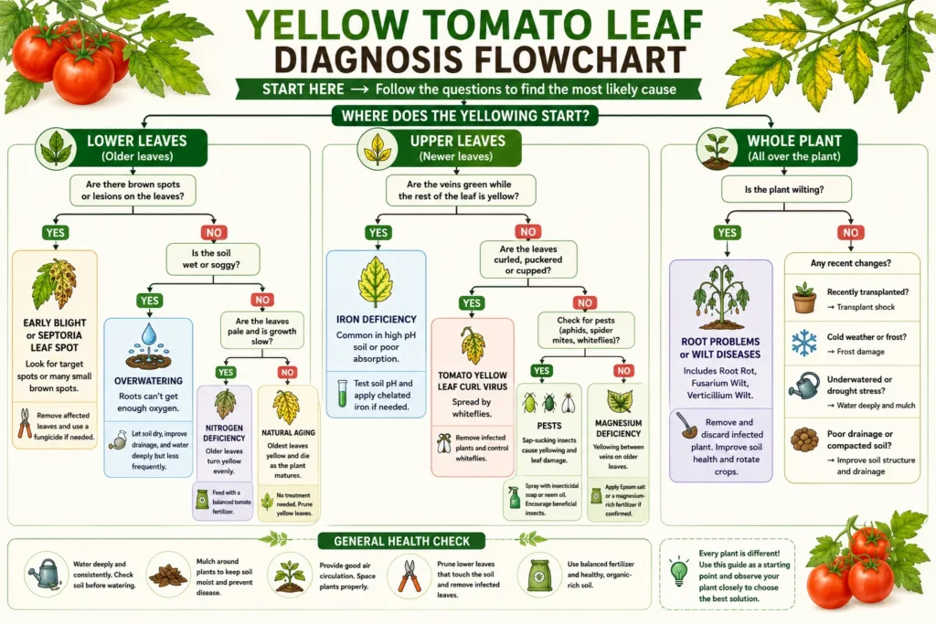 Why Are My Tomato Plant Leaves Turning Yellow? 18 Causes & Easy Fixes 2 Yellow tomato leaf diagnosis flowchart showing common causes and solutions